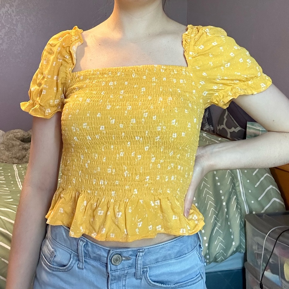 Elodie yellow floral smocked puff sleeve crop top